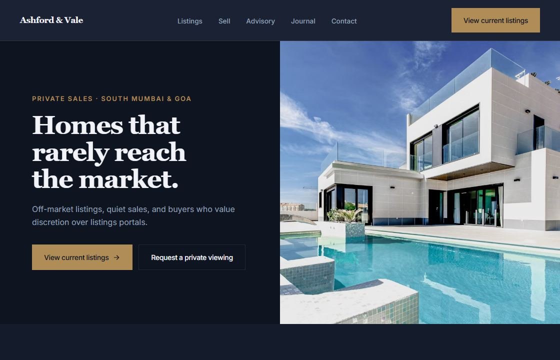 Ashford & Vale website — real screenshot of the live concept site