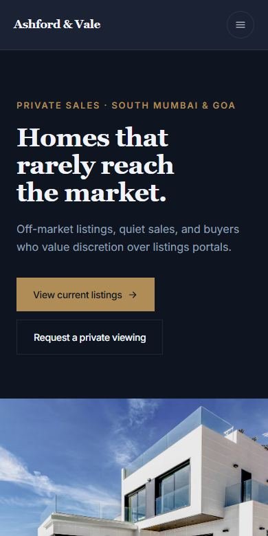 Ashford & Vale website on mobile — real screenshot of the live concept site