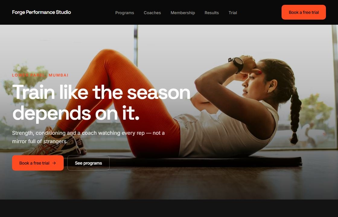 Forge Performance Studio website — real screenshot of the live concept site