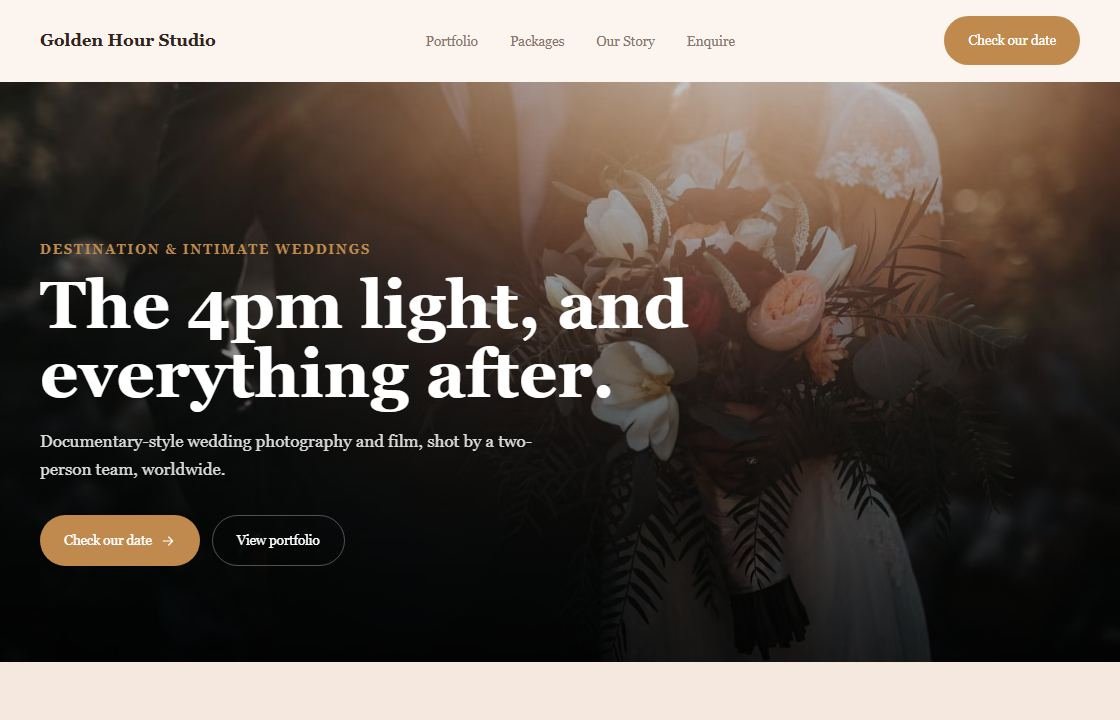 Golden Hour Studio website — real screenshot of the live concept site