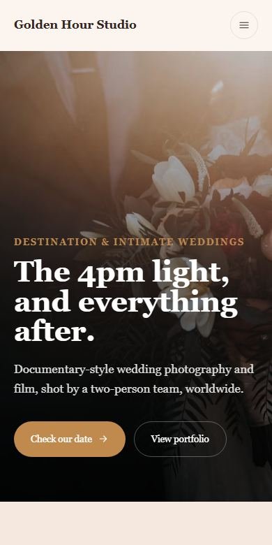 Golden Hour Studio website on mobile — real screenshot of the live concept site