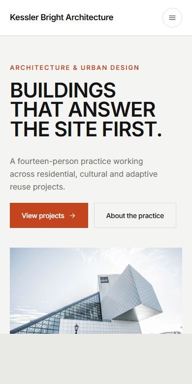 Kessler Bright Architecture website on mobile — real screenshot of the live concept site