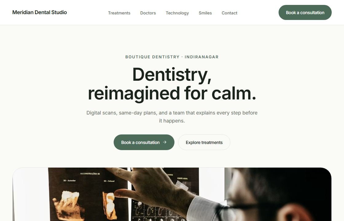 Meridian Dental Studio website — real screenshot of the live concept site