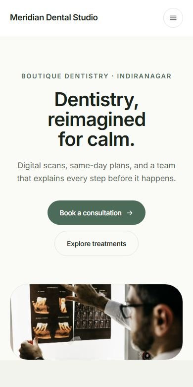 Meridian Dental Studio website on mobile — real screenshot of the live concept site