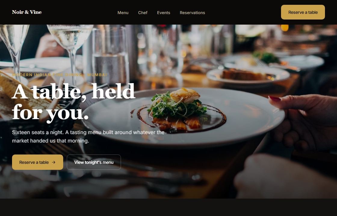 Noir & Vine website — real screenshot of the live concept site