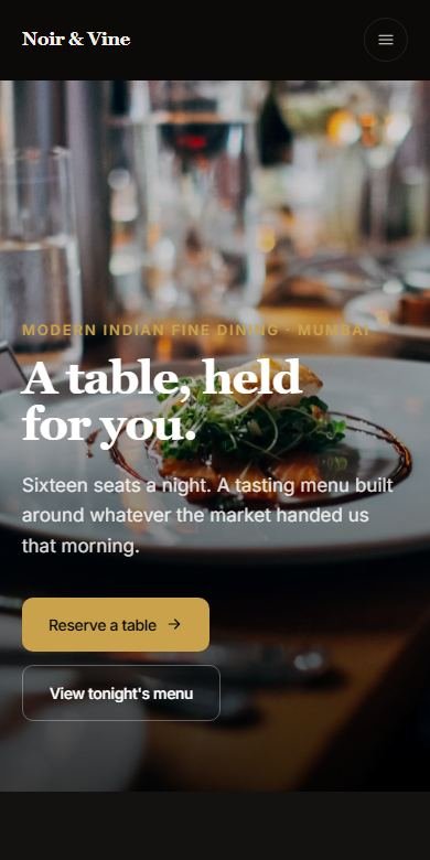Noir & Vine website on mobile — real screenshot of the live concept site